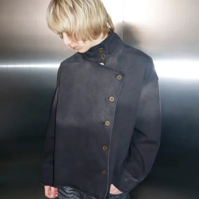 Y2k Harajuku Uniform Jacket Black Distressed Wash Buttons Fencing Denim Jacket Gothic Casual Streetwear Unisex Oversize Clothing