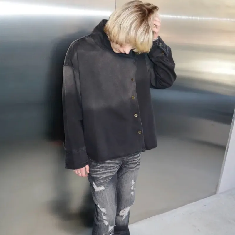 Y2k Harajuku Uniform Jacket Black Distressed Wash Buttons Fencing Denim Jacket Gothic Casual Streetwear Unisex Oversize Clothing
