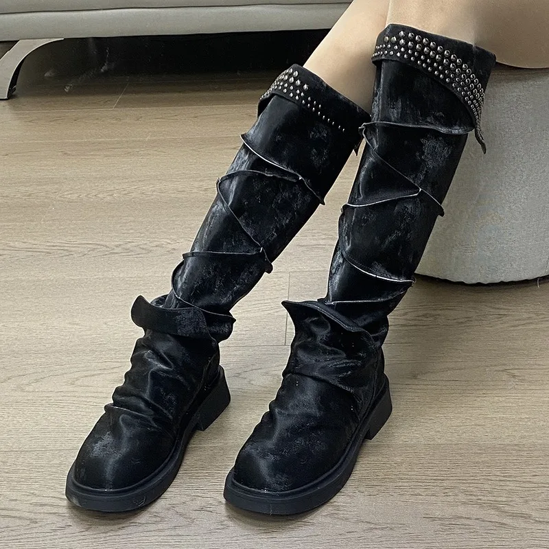 Punk Style Women's Shoes Luxury Retro Leather Cowboy Boots for Woman Exquisite Rivet Knee High Boots Designer Shoes Botas Mujer