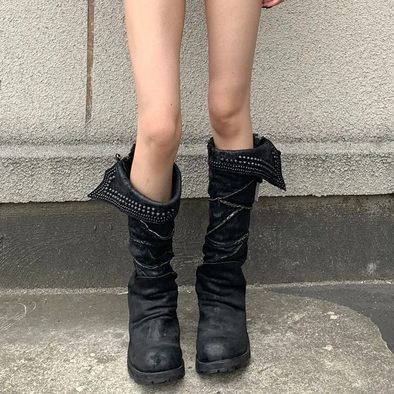Punk Style Women's Shoes Luxury Retro Leather Cowboy Boots for Woman Exquisite Rivet Knee High Boots Designer Shoes Botas Mujer