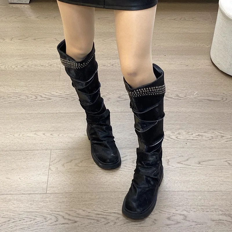 Punk Style Women's Shoes Luxury Retro Leather Cowboy Boots for Woman Exquisite Rivet Knee High Boots Designer Shoes Botas Mujer