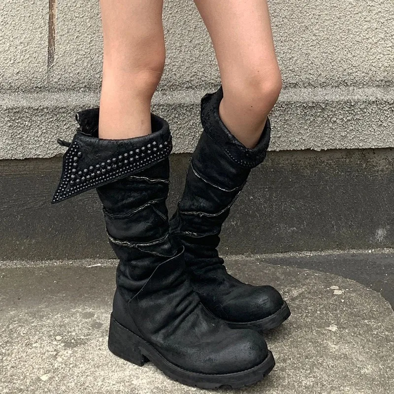 Punk Style Women's Shoes Luxury Retro Leather Cowboy Boots for Woman Exquisite Rivet Knee High Boots Designer Shoes Botas Mujer