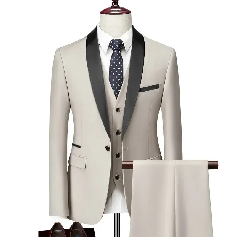 US Size Men Lapel Black Collar 3 Pcs Suit Set Coat Vest Trousers / Business Groom Wedding Dress Fprmal Blazer Pants Waistcoat