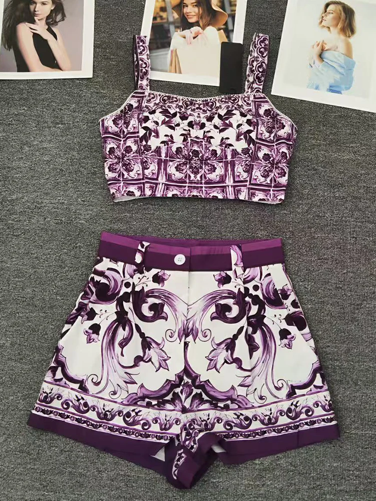 Designer retro geometric print sexy tube top suspender two-piece 2026 summer women's dress+straight short fashion suit
