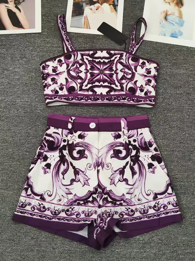 Designer retro geometric print sexy tube top suspender two-piece 2026 summer women's dress+straight short fashion suit