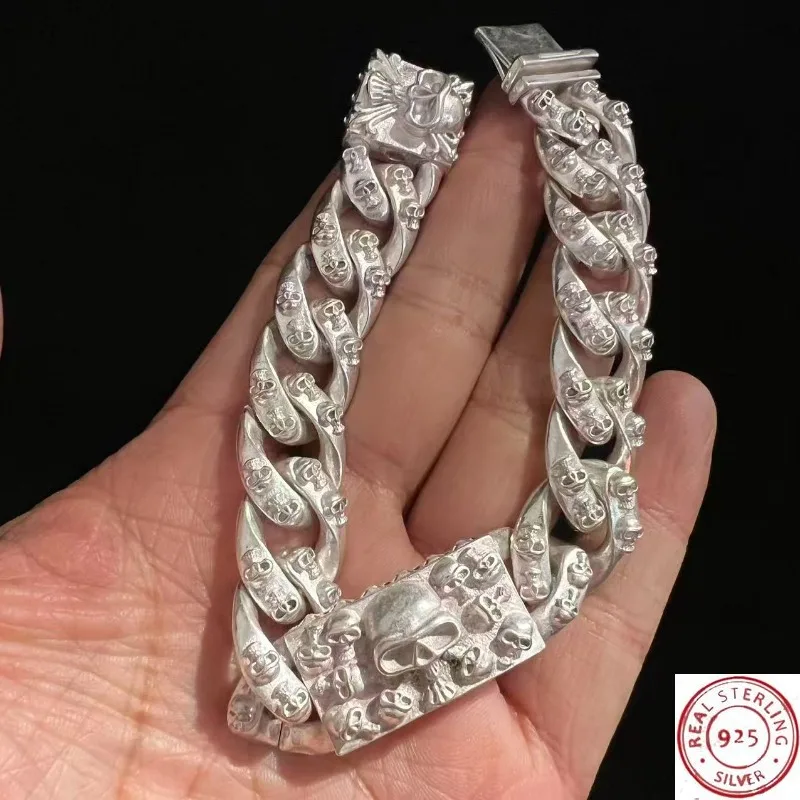 S925 Vintage Chinese Style Tibetan Silver Skull Bracelet, Hip-Hop Personalized Jewelry, Fashion Gift for Men & Women