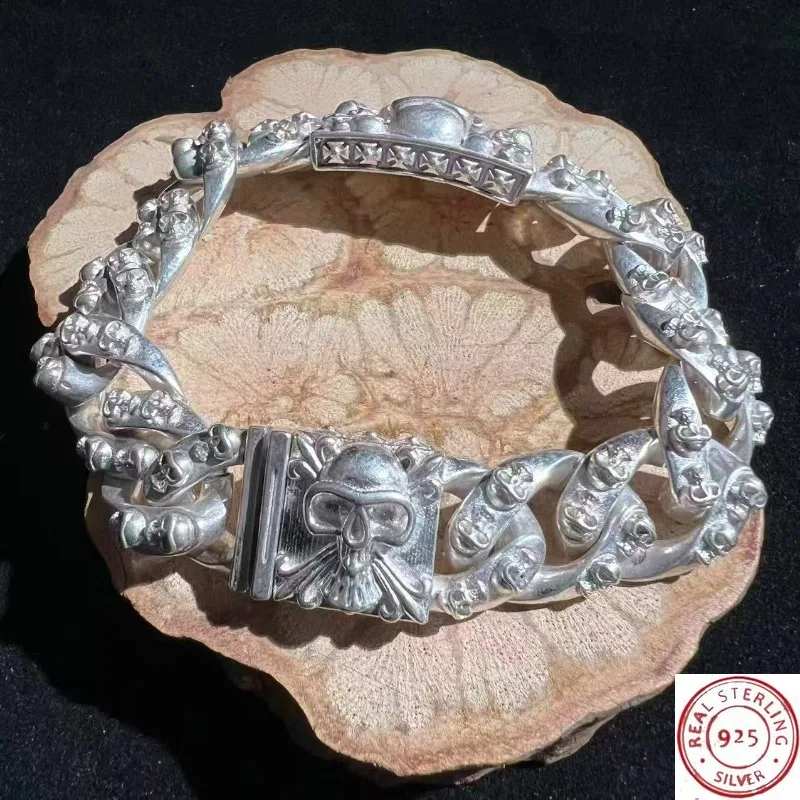 S925 Vintage Chinese Style Tibetan Silver Skull Bracelet, Hip-Hop Personalized Jewelry, Fashion Gift for Men & Women