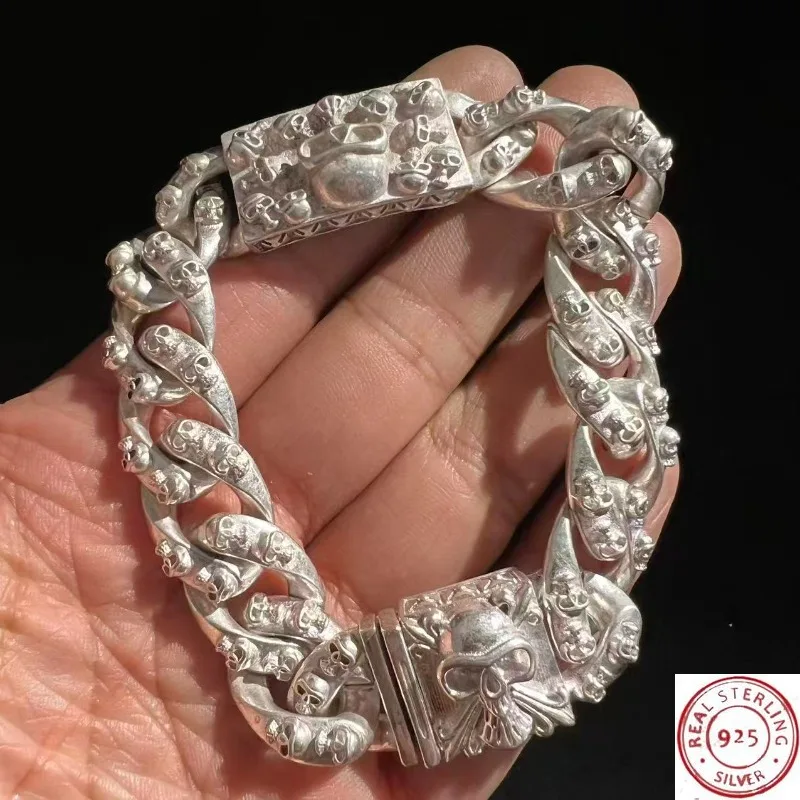 S925 Vintage Chinese Style Tibetan Silver Skull Bracelet, Hip-Hop Personalized Jewelry, Fashion Gift for Men & Women