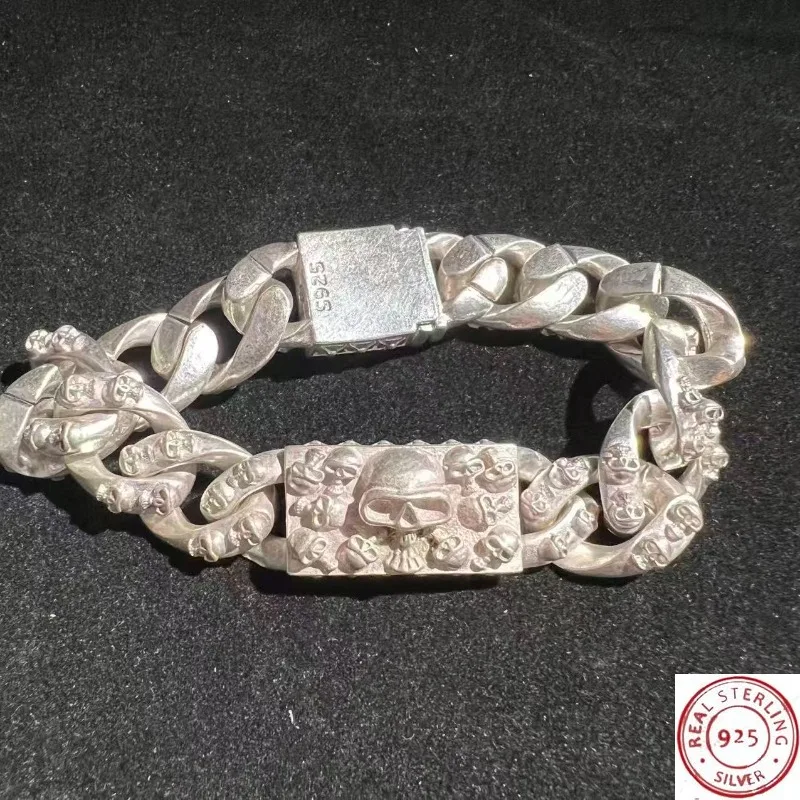 S925 Vintage Chinese Style Tibetan Silver Skull Bracelet, Hip-Hop Personalized Jewelry, Fashion Gift for Men & Women