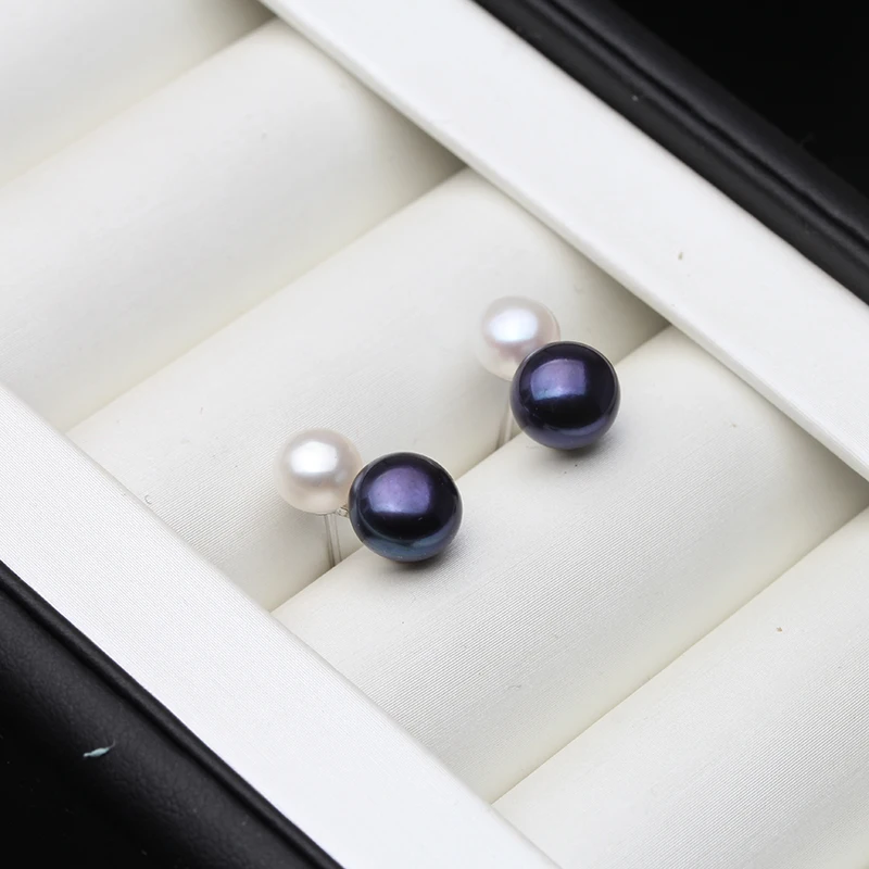 Cute Small Freswater Natural Double Pearl Earring,Real 925 Sterling Silver Earrings With Pearls Wife Mother Birthday White Black