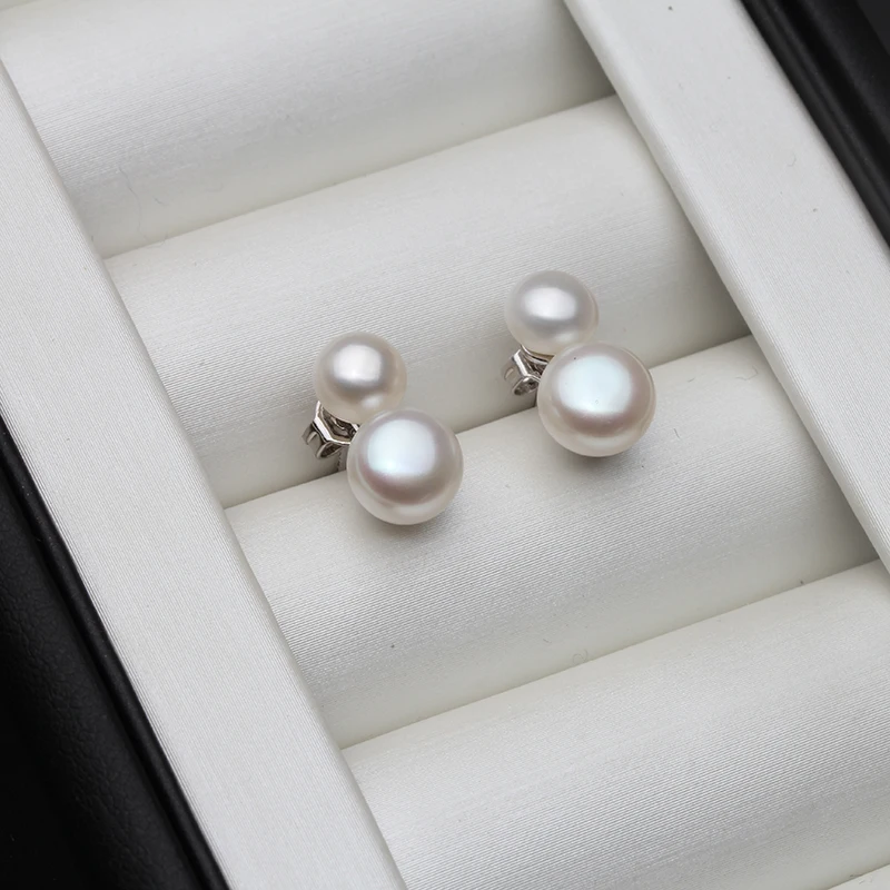 Cute Small Freswater Natural Double Pearl Earring,Real 925 Sterling Silver Earrings With Pearls Wife Mother Birthday White Black
