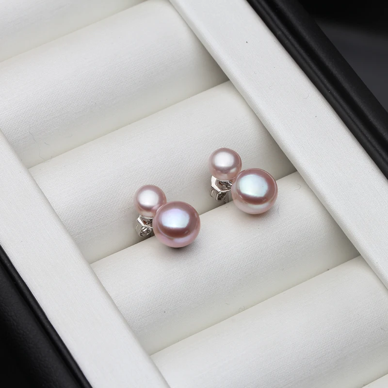 Cute Small Freswater Natural Double Pearl Earring,Real 925 Sterling Silver Earrings With Pearls Wife Mother Birthday White Black