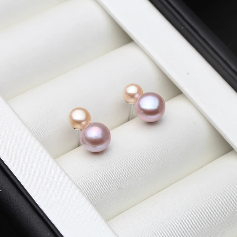Cute Small Freswater Natural Double Pearl Earring,Real 925 Sterling Silver Earrings With Pearls Wife Mother Birthday White Black