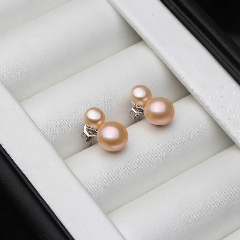 Cute Small Freswater Natural Double Pearl Earring,Real 925 Sterling Silver Earrings With Pearls Wife Mother Birthday White Black