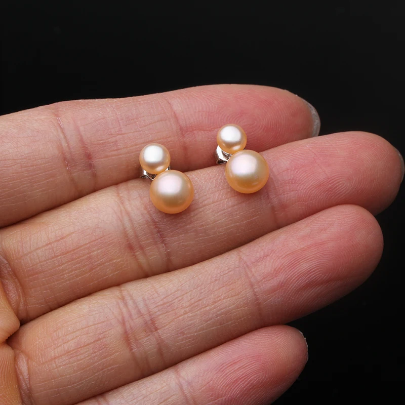 Cute Small Freswater Natural Double Pearl Earring,Real 925 Sterling Silver Earrings With Pearls Wife Mother Birthday White Black