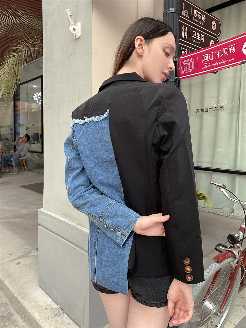 Women Vintage Fashion Blazer Denim Patchwork Jackets 2022 Autumn Winter Irregular Coat Women Long Sleeve Loose Korean Outerwear