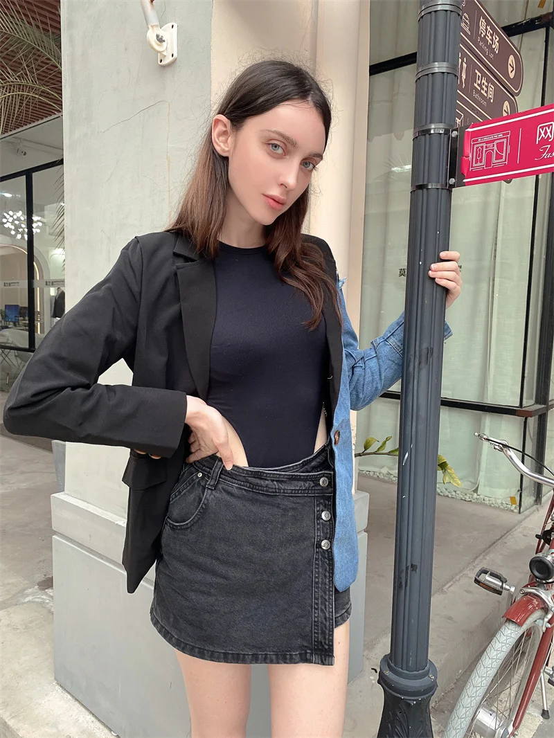 Women Vintage Fashion Blazer Denim Patchwork Jackets 2022 Autumn Winter Irregular Coat Women Long Sleeve Loose Korean Outerwear