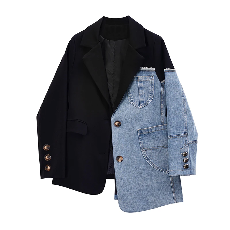Women Vintage Fashion Blazer Denim Patchwork Jackets 2022 Autumn Winter Irregular Coat Women Long Sleeve Loose Korean Outerwear