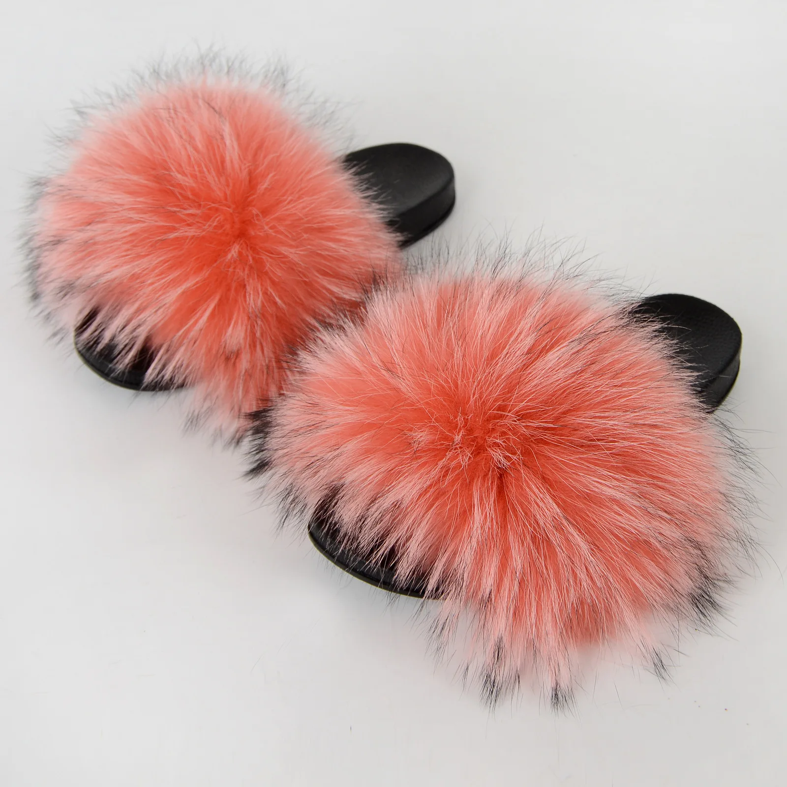 Real Raccoon Fur Slippers Women's Summer Fur Slippers Big Size Furry Natural Fur Shoes Beach Plush Sliders Fashion Female Shoes