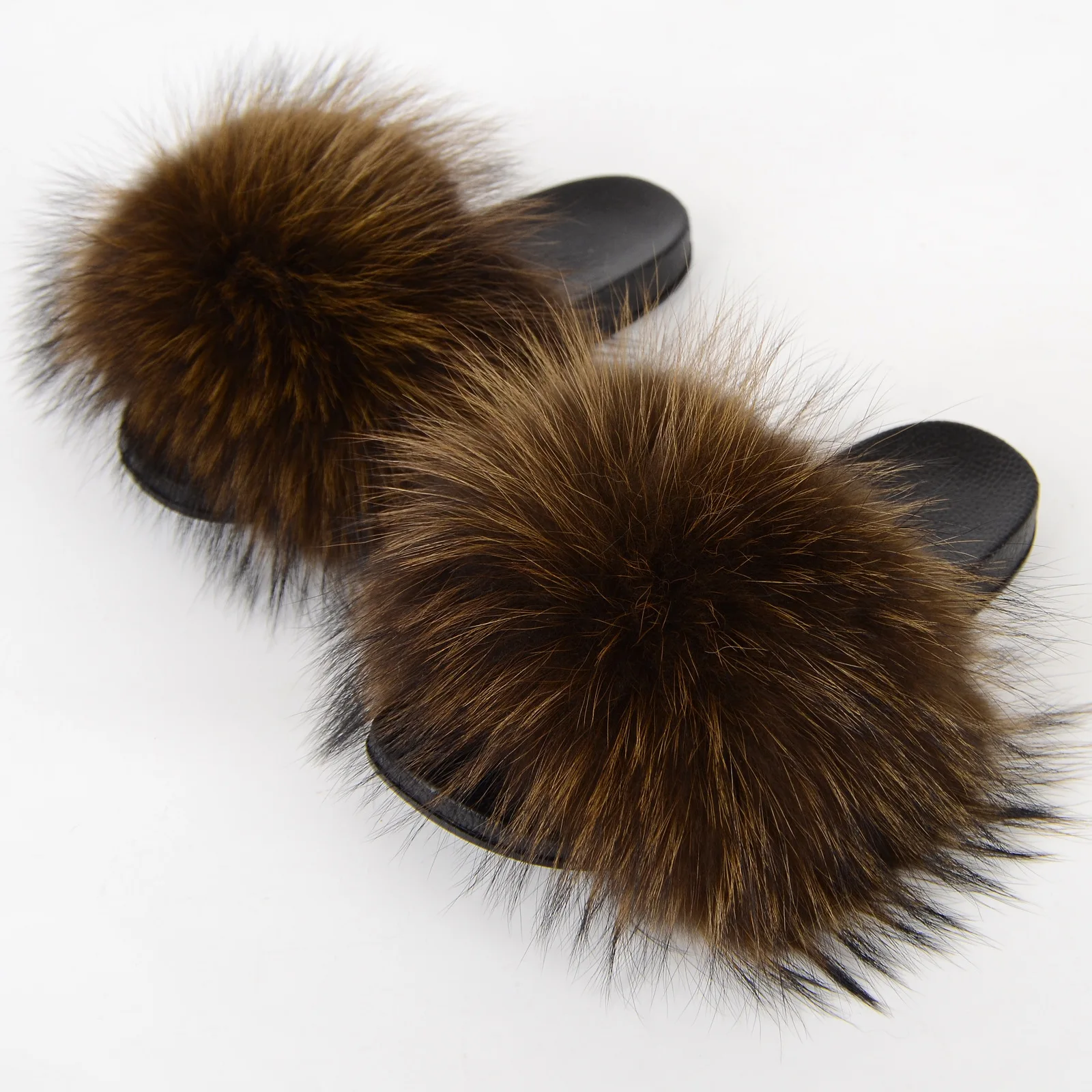 Real Raccoon Fur Slippers Women's Summer Fur Slippers Big Size Furry Natural Fur Shoes Beach Plush Sliders Fashion Female Shoes