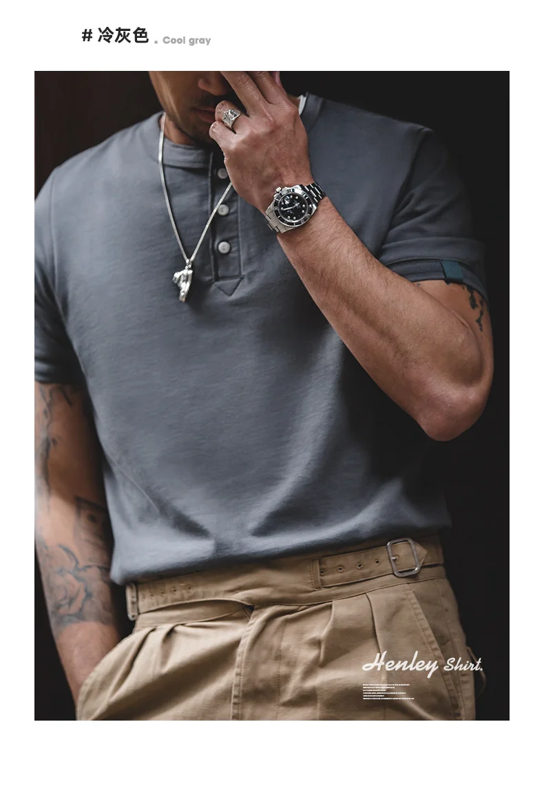 Maden Men's Vintage Heavyweight Henley Shirts Short Sleeve Casual Solid T-Shirt Basic Plain 100% Cotton Tee Shirts Summer Tops