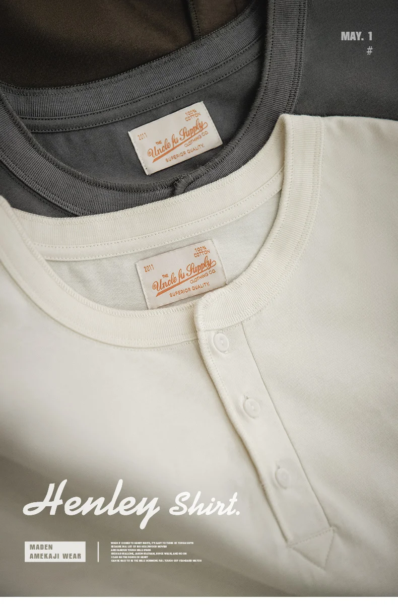 Maden Men's Vintage Heavyweight Henley Shirts Short Sleeve Casual Solid T-Shirt Basic Plain 100% Cotton Tee Shirts Summer Tops