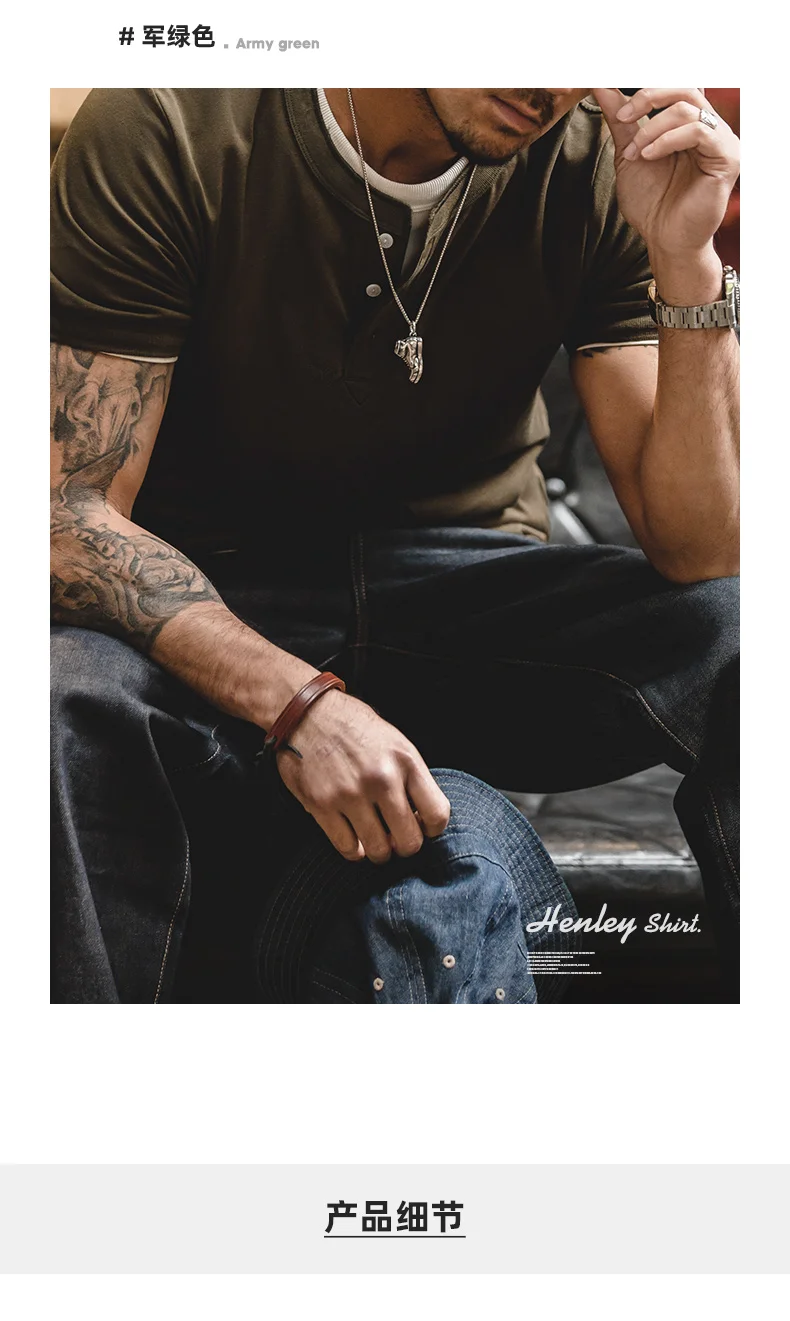Maden Men's Vintage Heavyweight Henley Shirts Short Sleeve Casual Solid T-Shirt Basic Plain 100% Cotton Tee Shirts Summer Tops
