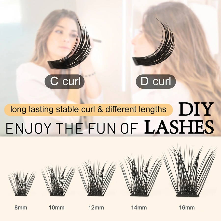Quewel 144 Cluster DIY Lashes Segmented C/D Curl Individual Mink Eyelashes DIY Eyelash Makeup at Home Natural Russian Volume