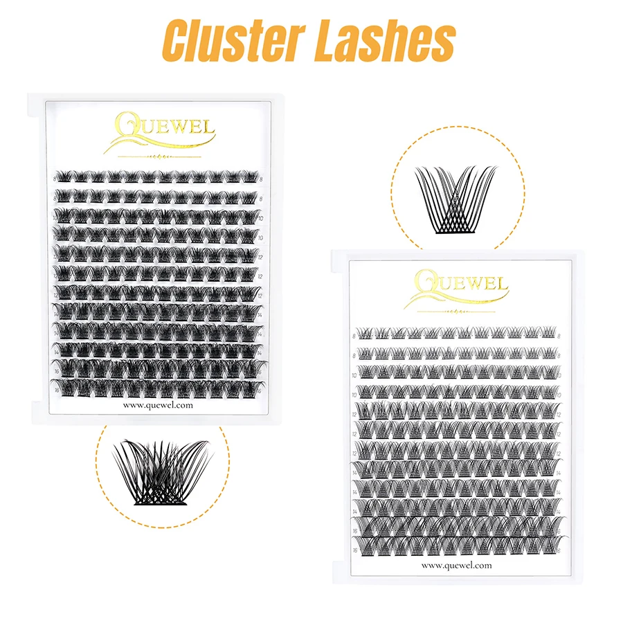 Quewel 144 Cluster DIY Lashes Segmented C/D Curl Individual Mink Eyelashes DIY Eyelash Makeup at Home Natural Russian Volume