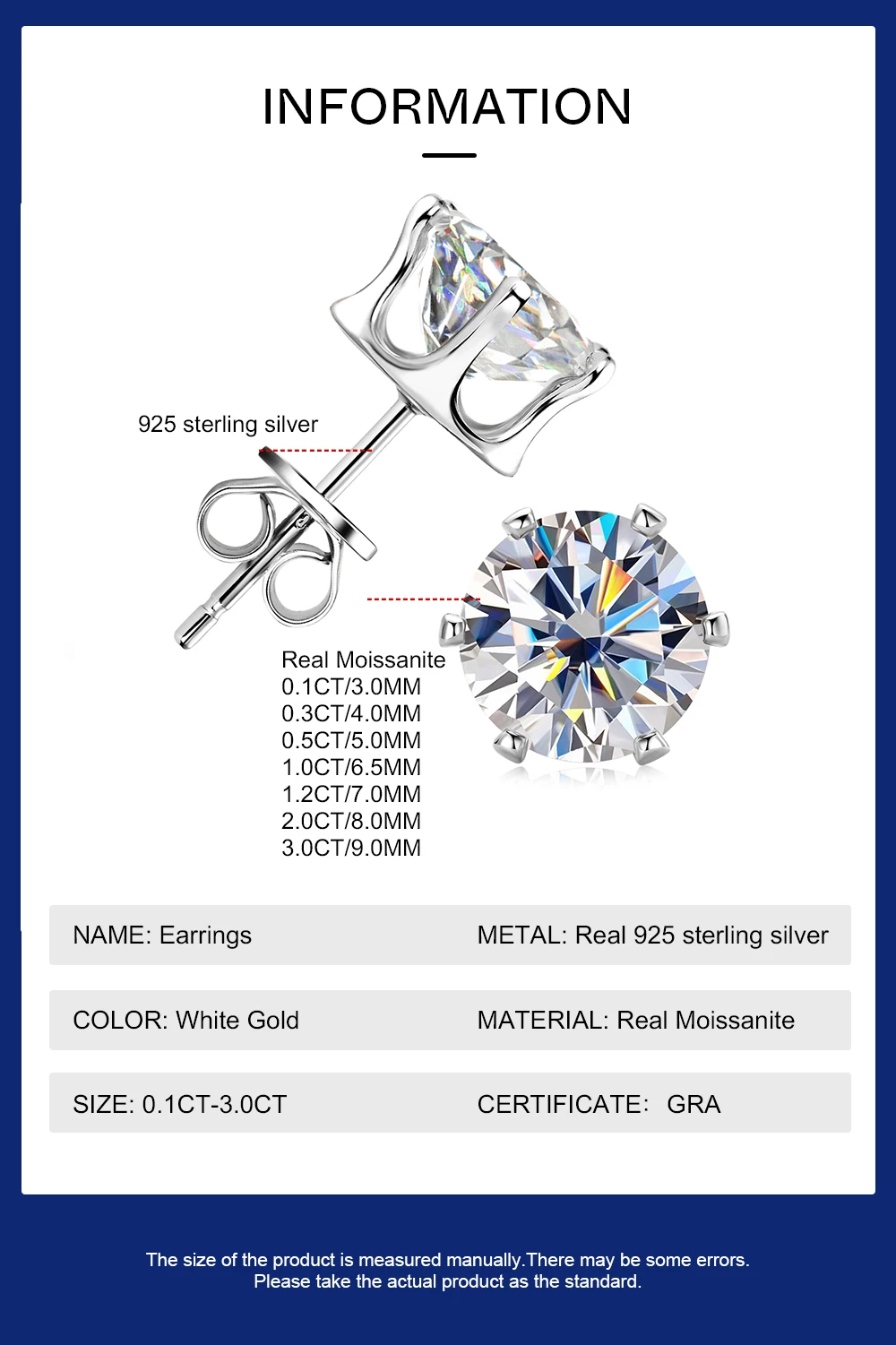 0.1-3ct Moissanite Diamond Stud Earrings for Women Men 925 Silver Original Certified Plated 18k Gold Earring Wedding Jewelry