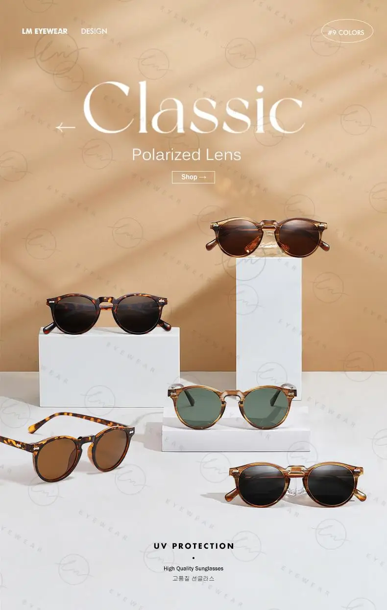LM Classic Round Polarized Sunglasses Women Men Tea Lens Outdoor Driving Shades Vintage Sun Glasses Unisex UV400 Gafas De Sol