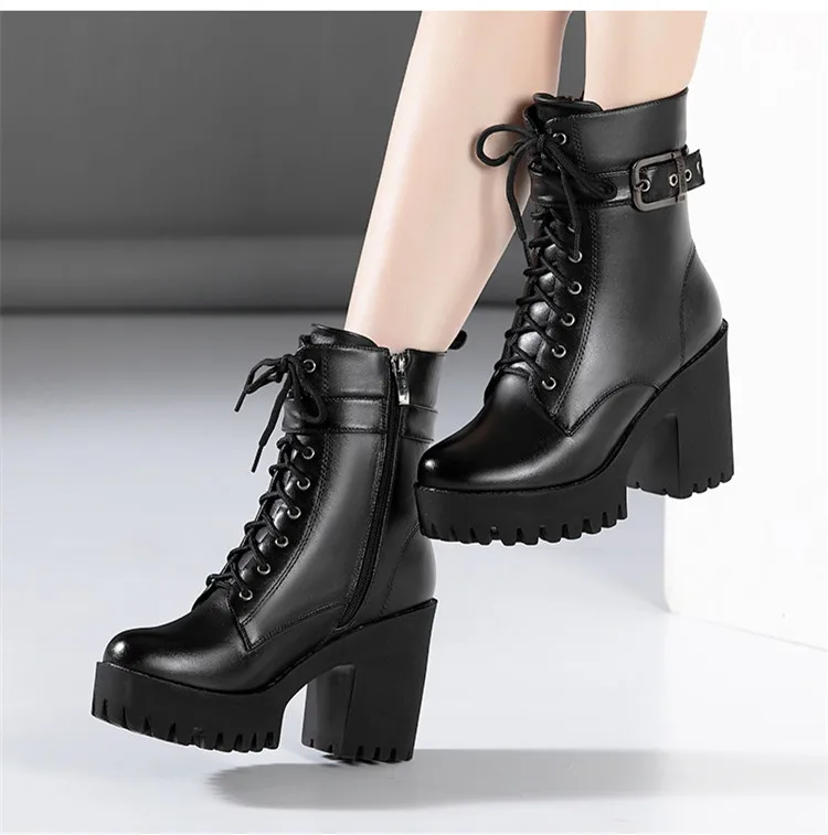 Plus Size 32-43 Platform Shoes Women Ankle Boots Leather 2026 Fall Winter High Heels Boots Ladies Plush Motorcycle Botas