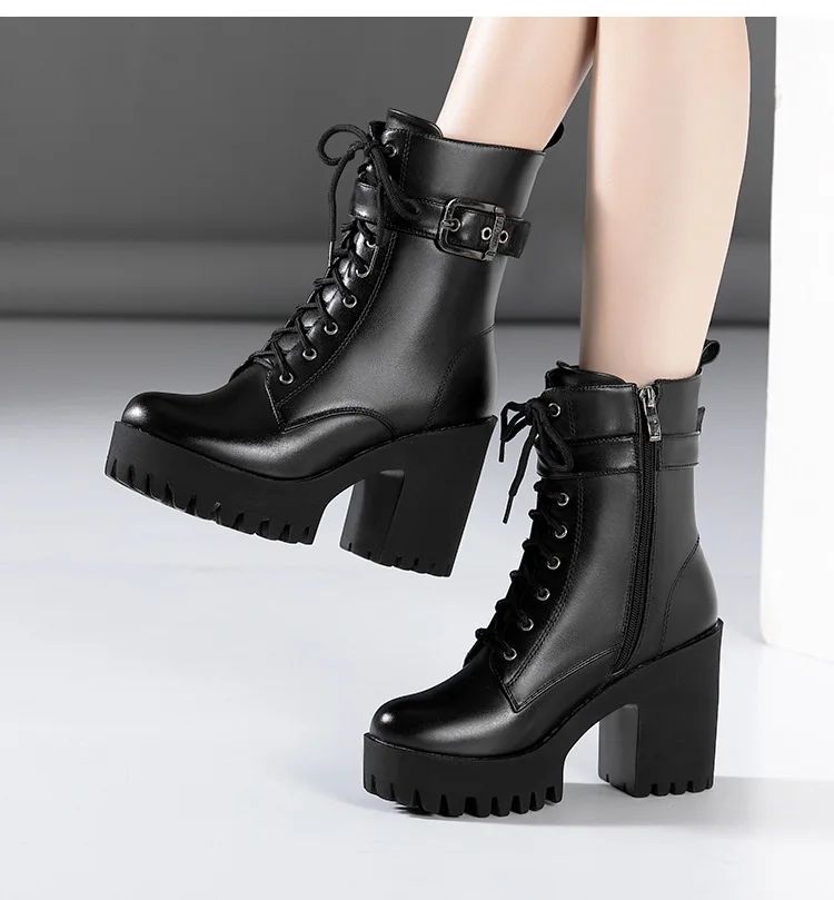 Plus Size 32-43 Platform Shoes Women Ankle Boots Leather 2026 Fall Winter High Heels Boots Ladies Plush Motorcycle Botas