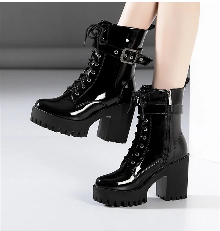 Plus Size 32-43 Platform Shoes Women Ankle Boots Leather 2026 Fall Winter High Heels Boots Ladies Plush Motorcycle Botas