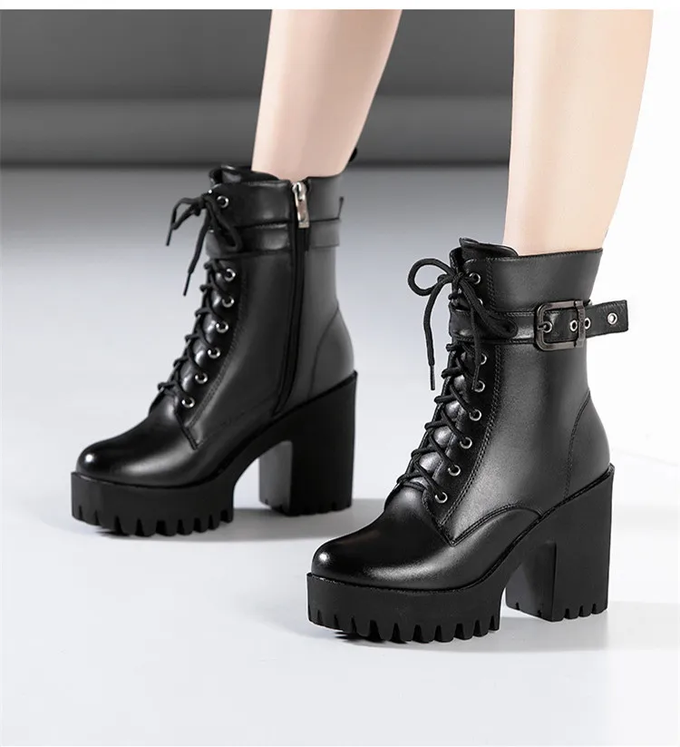 Plus Size 32-43 Platform Shoes Women Ankle Boots Leather 2026 Fall Winter High Heels Boots Ladies Plush Motorcycle Botas