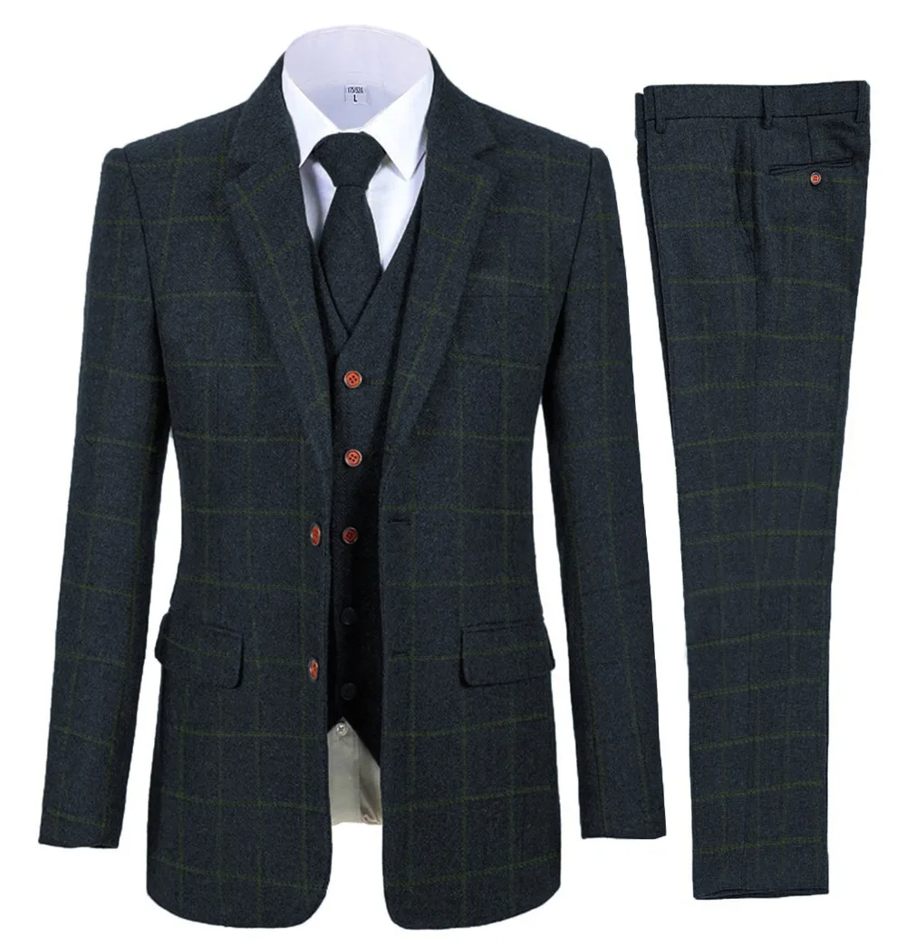 Men's 3 Piece Suits Bussiness Formal Notch Lapel Groomsmen Woolen Plaid Tuxedos for Party Activities Wedding (Blazer+Vest+Pant)