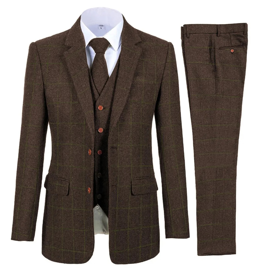 Men's 3 Piece Suits Bussiness Formal Notch Lapel Groomsmen Woolen Plaid Tuxedos for Party Activities Wedding (Blazer+Vest+Pant)