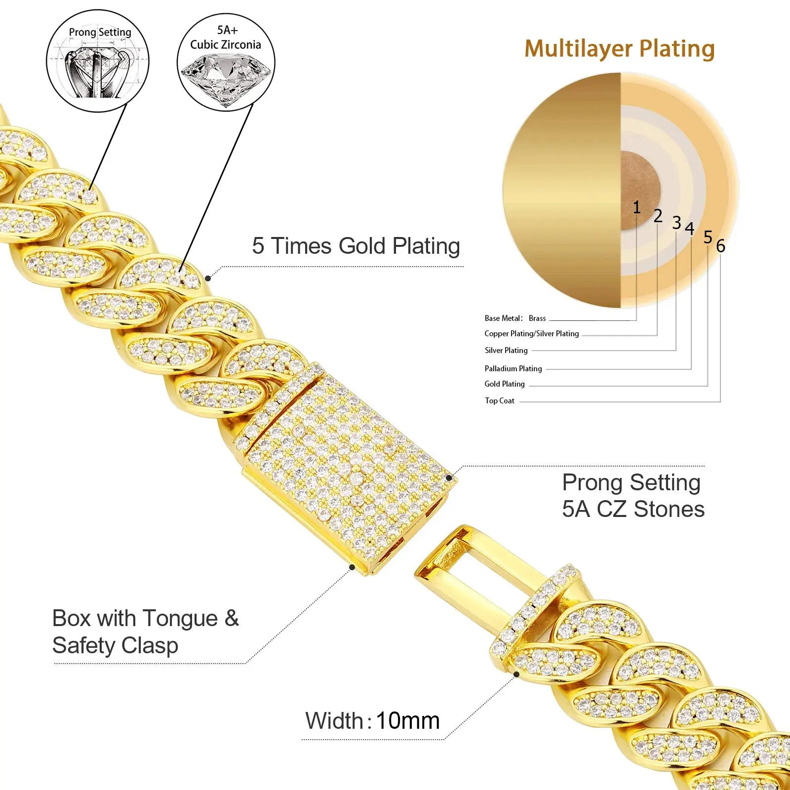 10mm CZ Stone Cuban Link Chain Silver Gold Plated Iced Out Miami Cuban Chain Necklace for Men Women