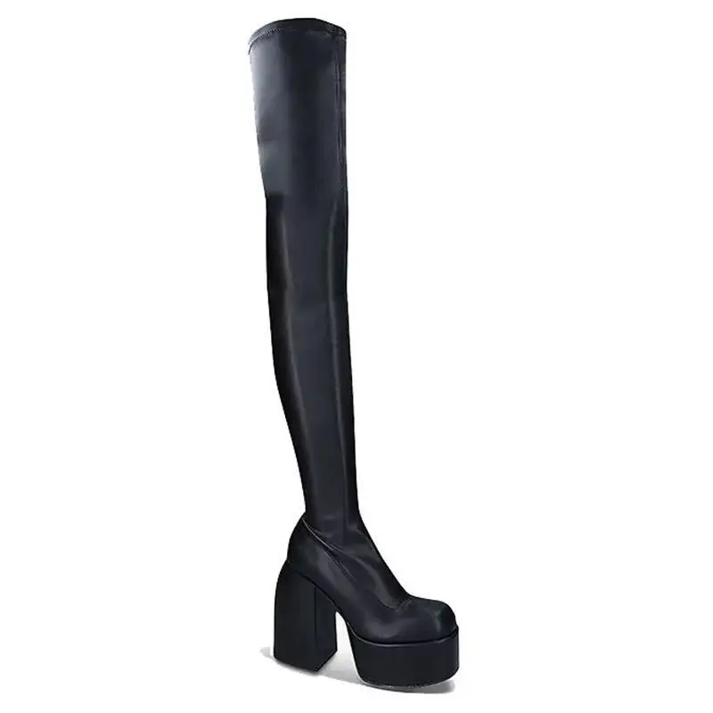 Comemore Women Punk Style Autumn Winter Chunky Platform High Boot Party Shoes Ladies Black Thick Heels Elastic Knee High Boots