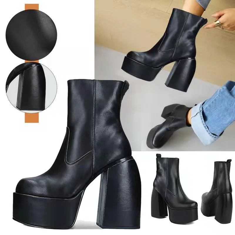 Comemore Women Punk Style Autumn Winter Chunky Platform High Boot Party Shoes Ladies Black Thick Heels Elastic Knee High Boots