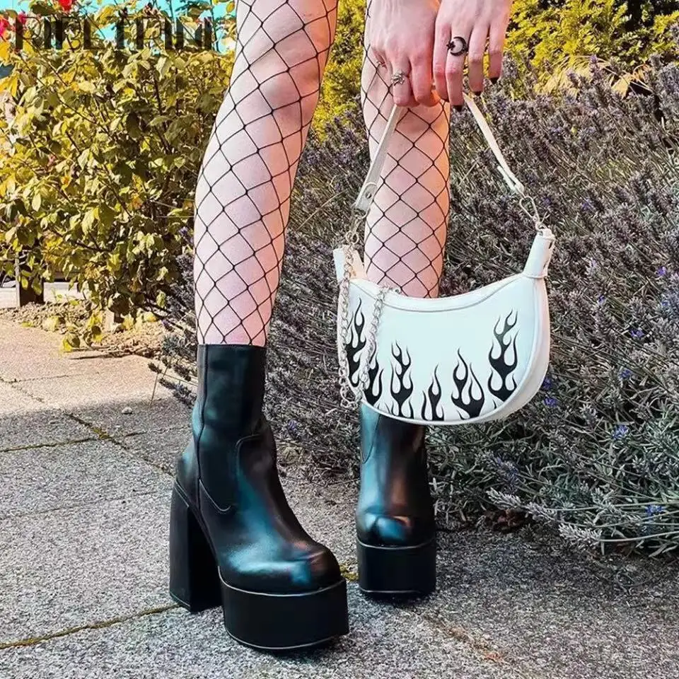 Comemore Women Punk Style Autumn Winter Chunky Platform High Boot Party Shoes Ladies Black Thick Heels Elastic Knee High Boots
