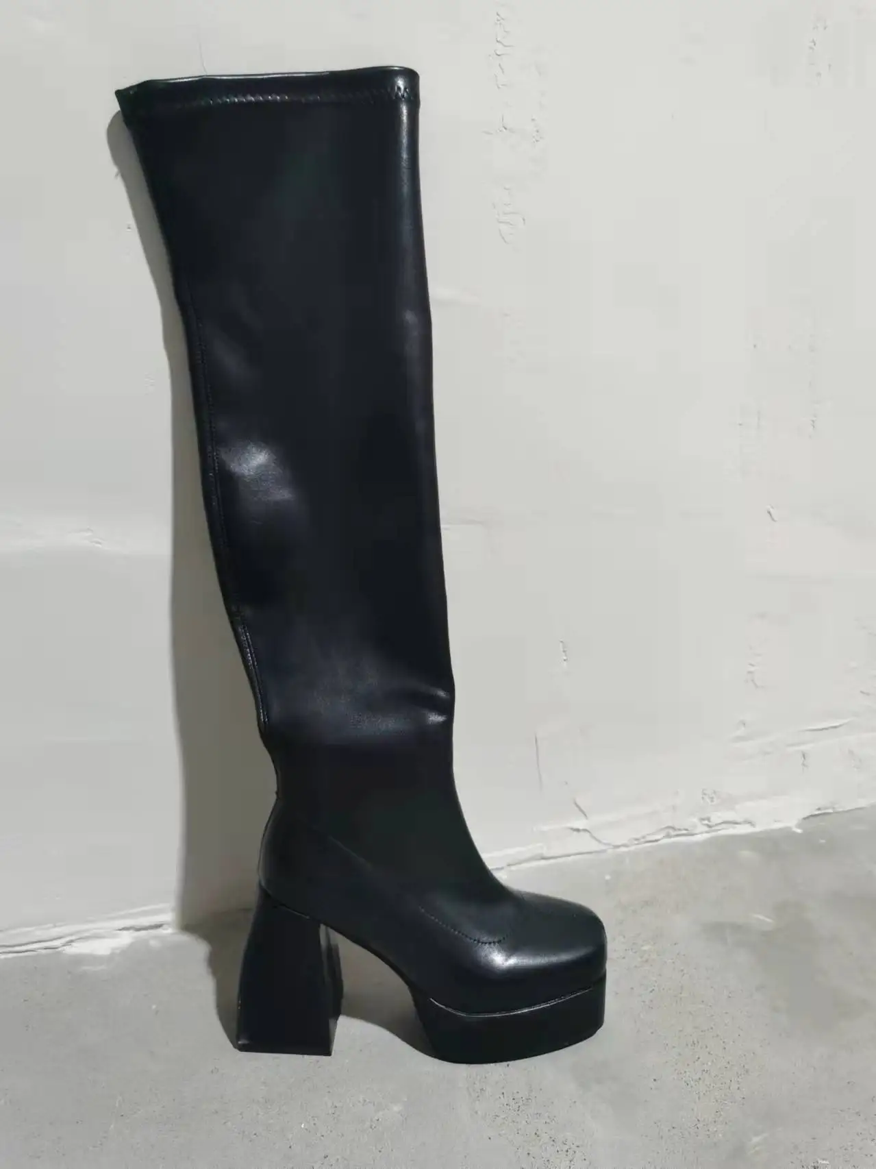Comemore Women Punk Style Autumn Winter Chunky Platform High Boot Party Shoes Ladies Black Thick Heels Elastic Knee High Boots