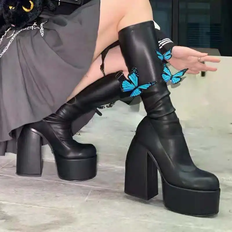 Comemore Women Punk Style Autumn Winter Chunky Platform High Boot Party Shoes Ladies Black Thick Heels Elastic Knee High Boots