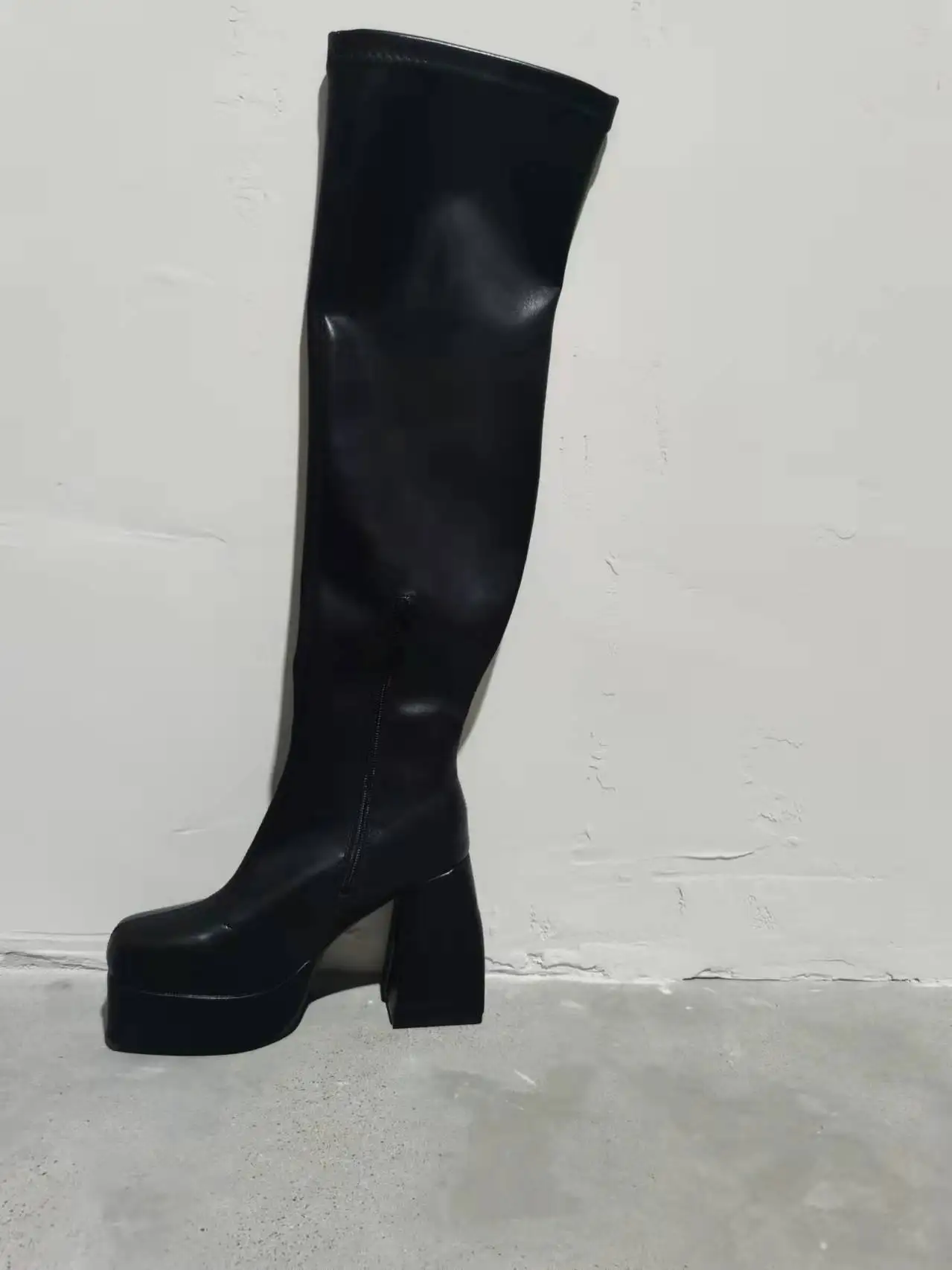 Comemore Women Punk Style Autumn Winter Chunky Platform High Boot Party Shoes Ladies Black Thick Heels Elastic Knee High Boots