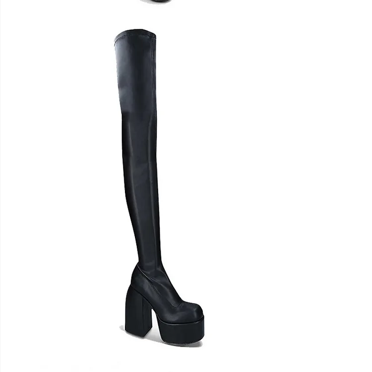 Comemore Women Punk Style Autumn Winter Chunky Platform High Boot Party Shoes Ladies Black Thick Heels Elastic Knee High Boots