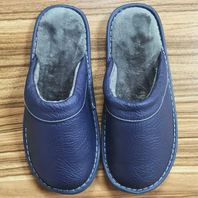 Autumn Winter Indoor Shoes 47 48 Men's Blue Bedroom Slippers Man Concise Slides Furry Mules Faux Leather Home Slipper Flip Fops