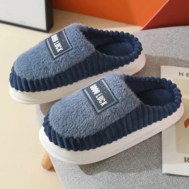 Autumn Winter Indoor Shoes 47 48 Men's Blue Bedroom Slippers Man Concise Slides Furry Mules Faux Leather Home Slipper Flip Fops