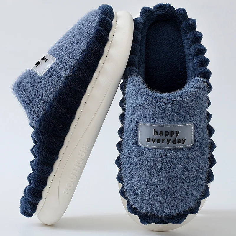 Autumn Winter Indoor Shoes 47 48 Men's Blue Bedroom Slippers Man Concise Slides Furry Mules Faux Leather Home Slipper Flip Fops