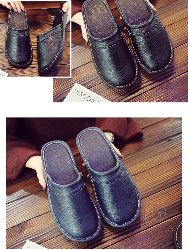 Autumn Winter Indoor Shoes 47 48 Men's Blue Bedroom Slippers Man Concise Slides Furry Mules Faux Leather Home Slipper Flip Fops