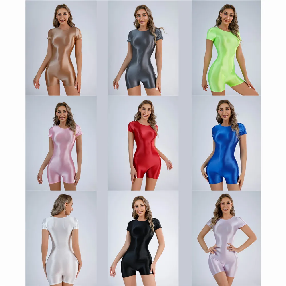 Sexy Women Oil Glossy Shiny Tube Bodysuit Elastic One Piece Thong Candy Color Sexy Tights Bandage Satin Shaper Leotard Short